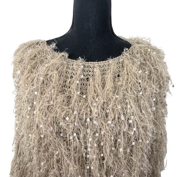 Davi & Dani Sequin Fringe Sweater DWT20435 Small Beige Taupe Textured Boho Glam - Picture 7 of 11